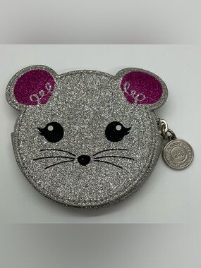 Bath & Body Works Silver Glitter MOUSE Coin Pouch Super Cute 3.5" ROUND Bag